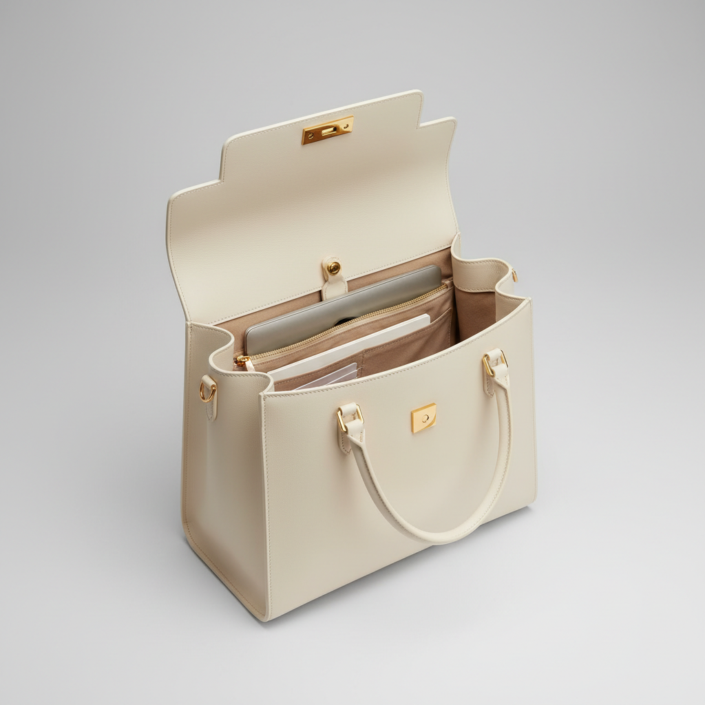Emma Daily Work Bag - Cream - Open Interior View