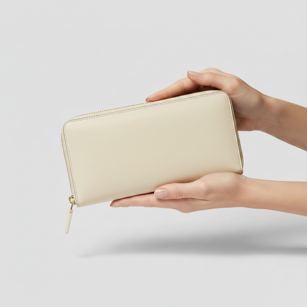 Ivory Continental Wallet — Female Model Holding Wallet