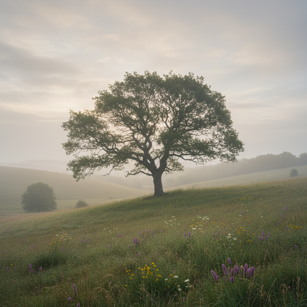 Majestic Solitary Tree – Misty Countryside