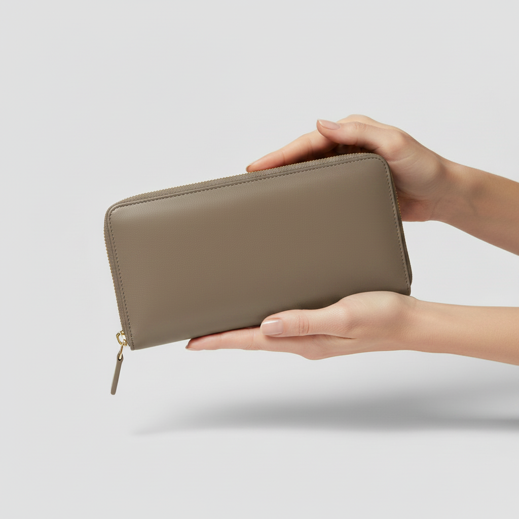 Taupe Continental Wallet — Female Model Holding Wallet