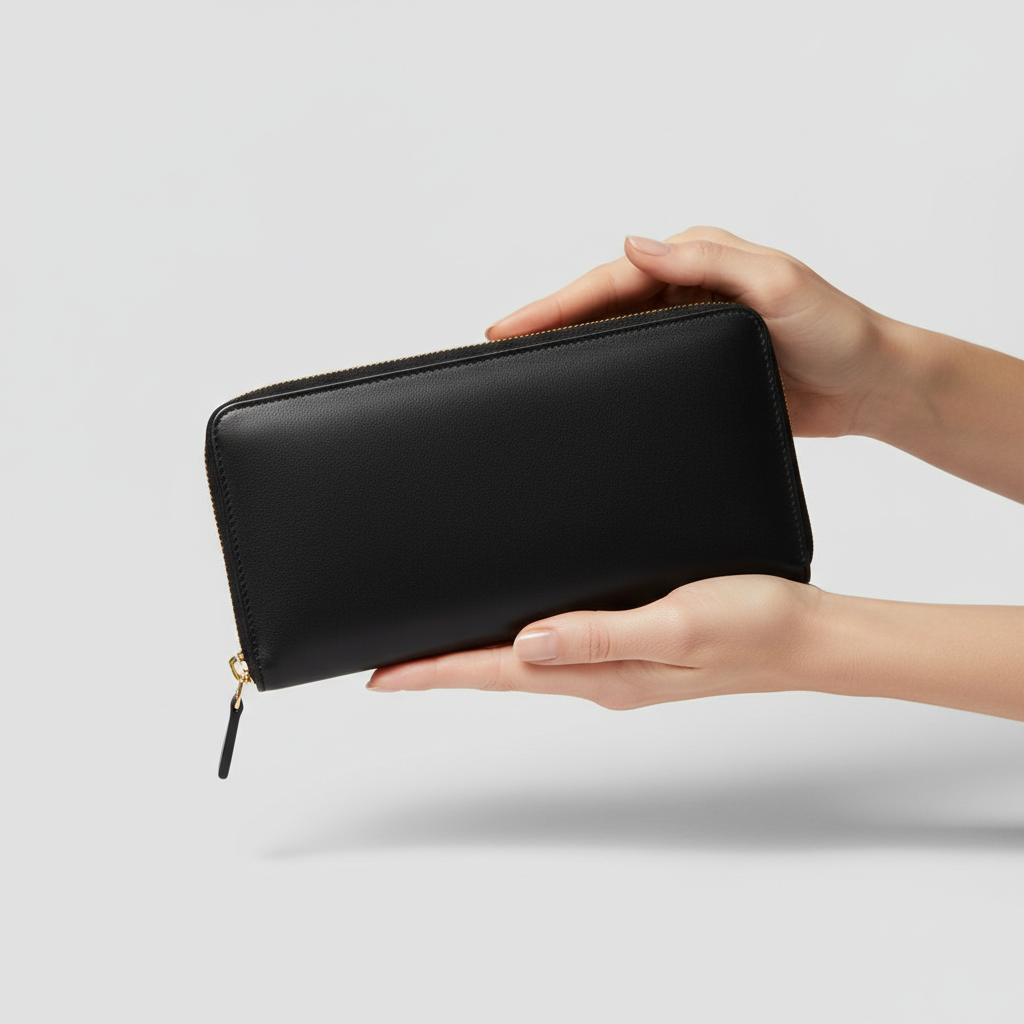 Black Continental Wallet — Female Model Holding Wallet