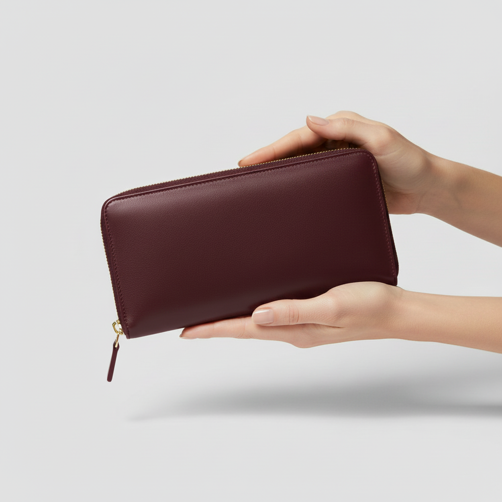 Burgundy Continental Wallet — Female Model Holding Wallet