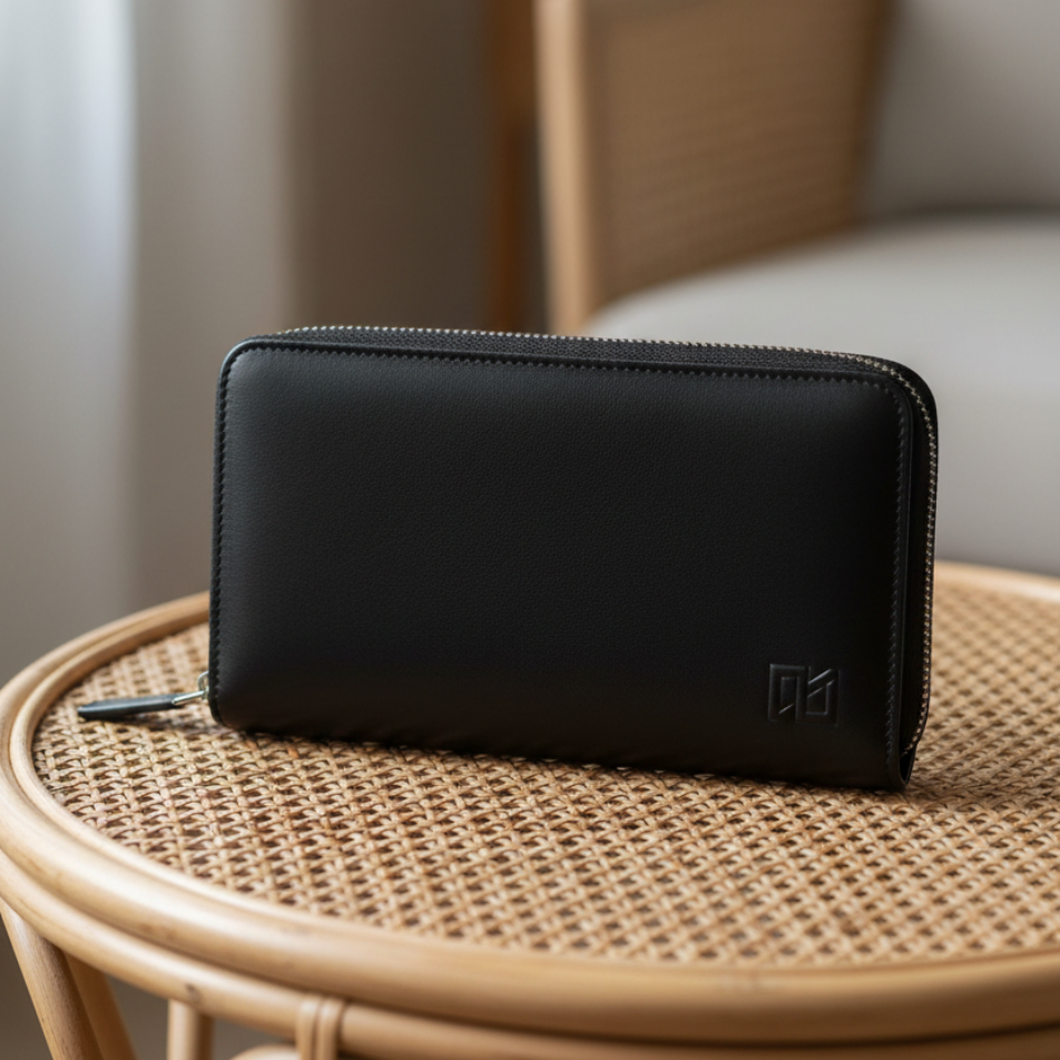 Elegant Black Leather Zip Wallet