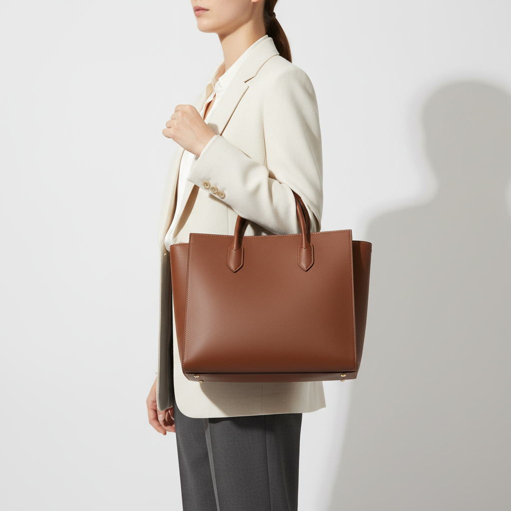 Noir Executive Tote in Chocolate Brown leather, professional model carrying bag