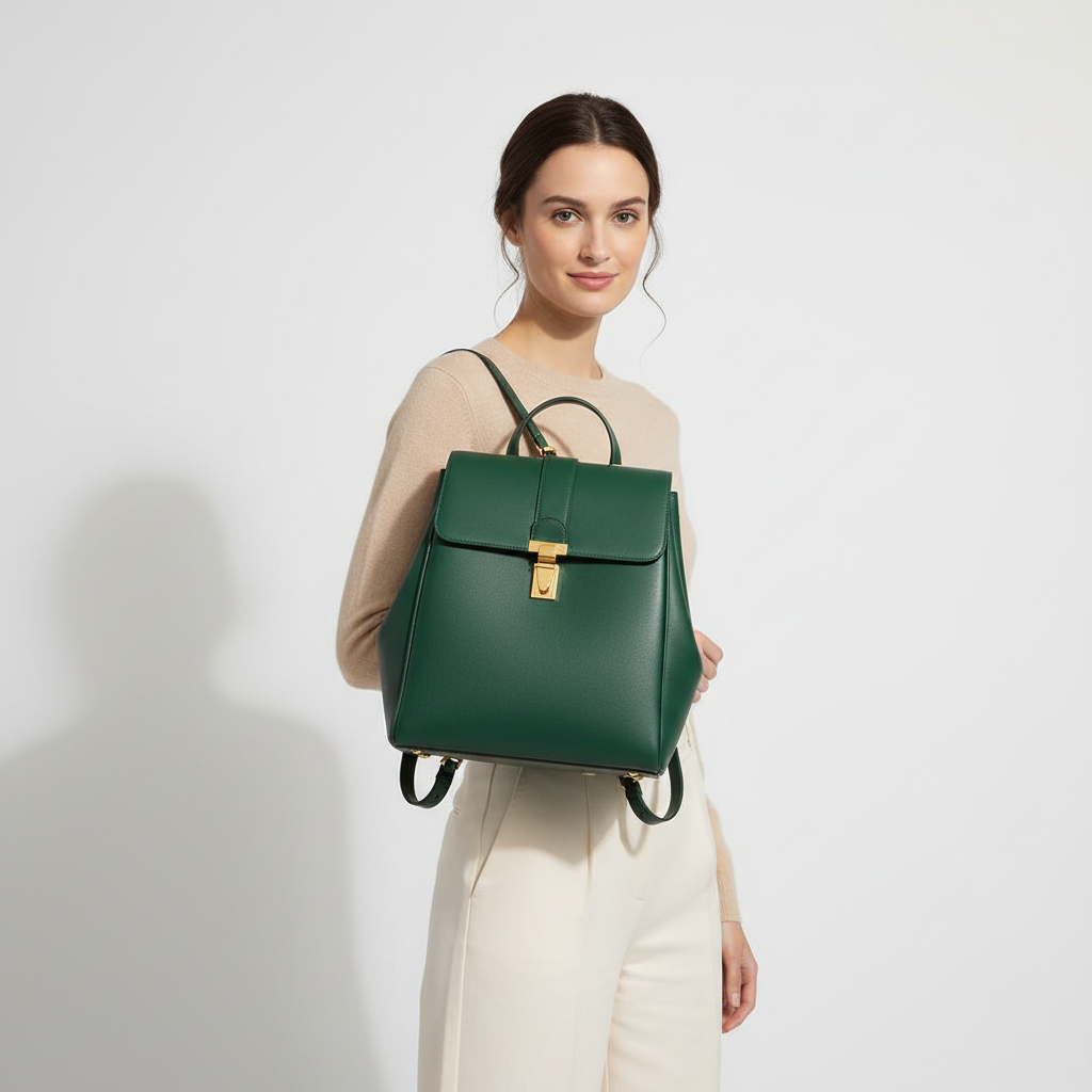 Noir Signature Backpack in Forest Green leather, female model wearing backpack