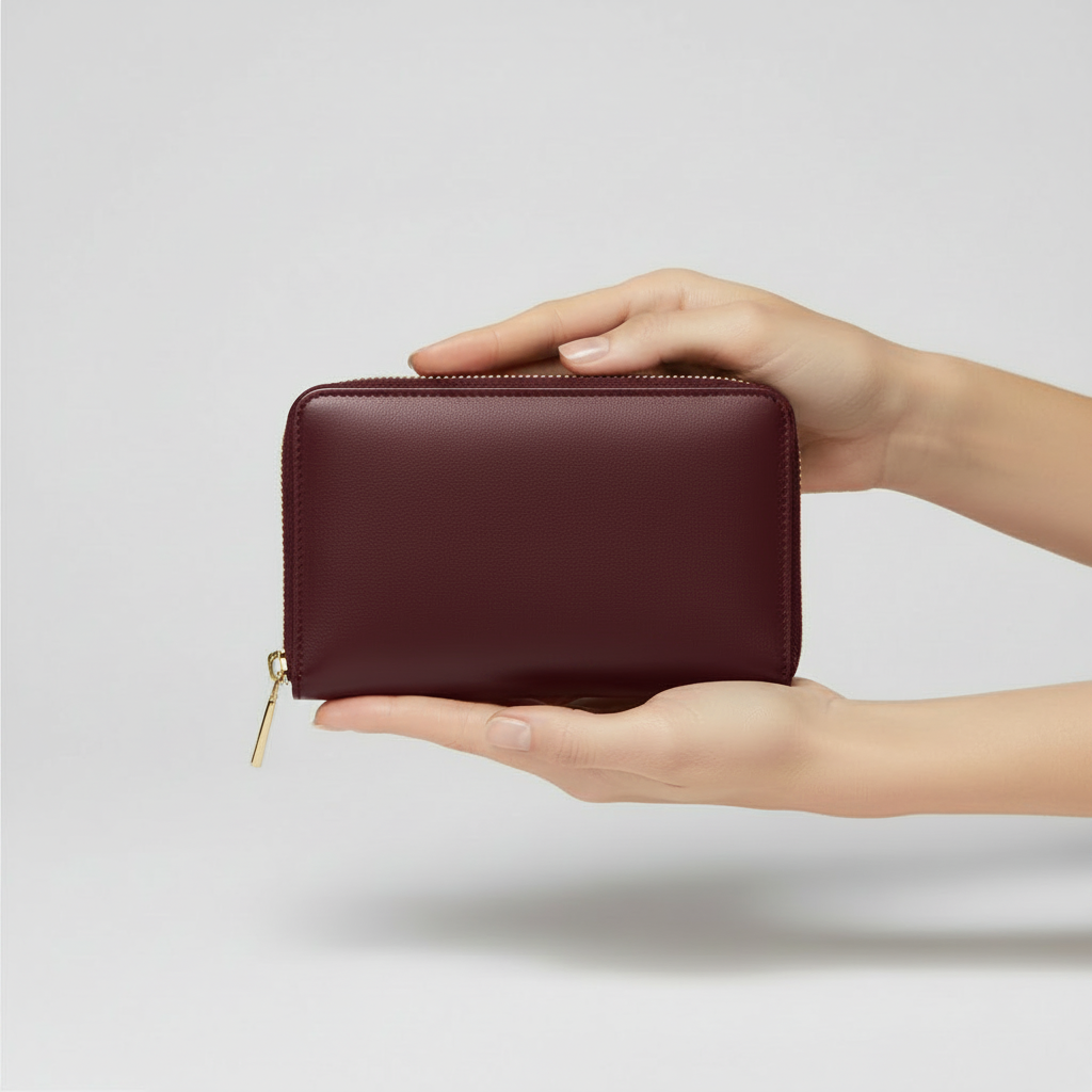 Amelia Zip Wallet Burgundy — Model Shot