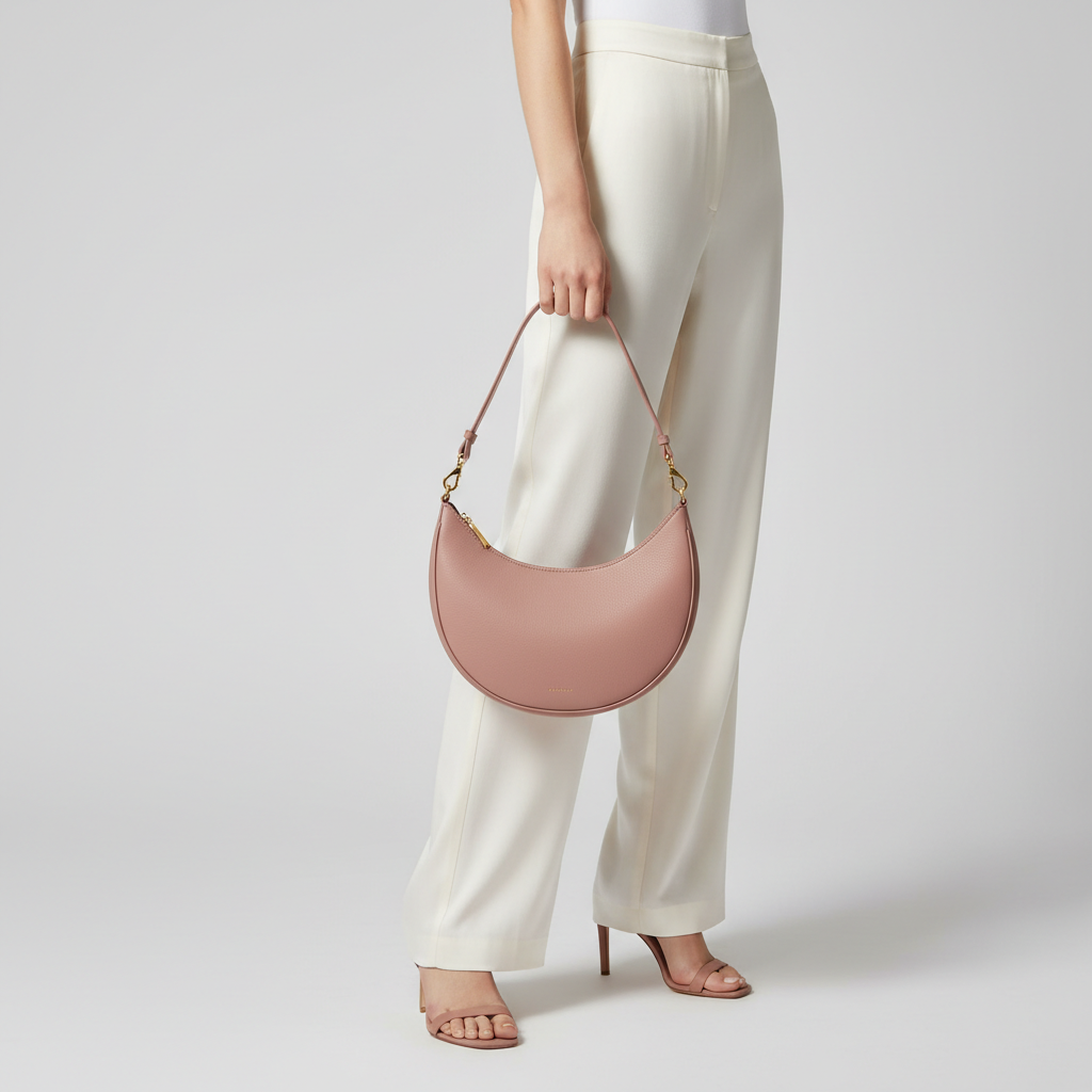 Aria Crescent Mini Bag in Dusty Rose - Female Model Carrying Bag