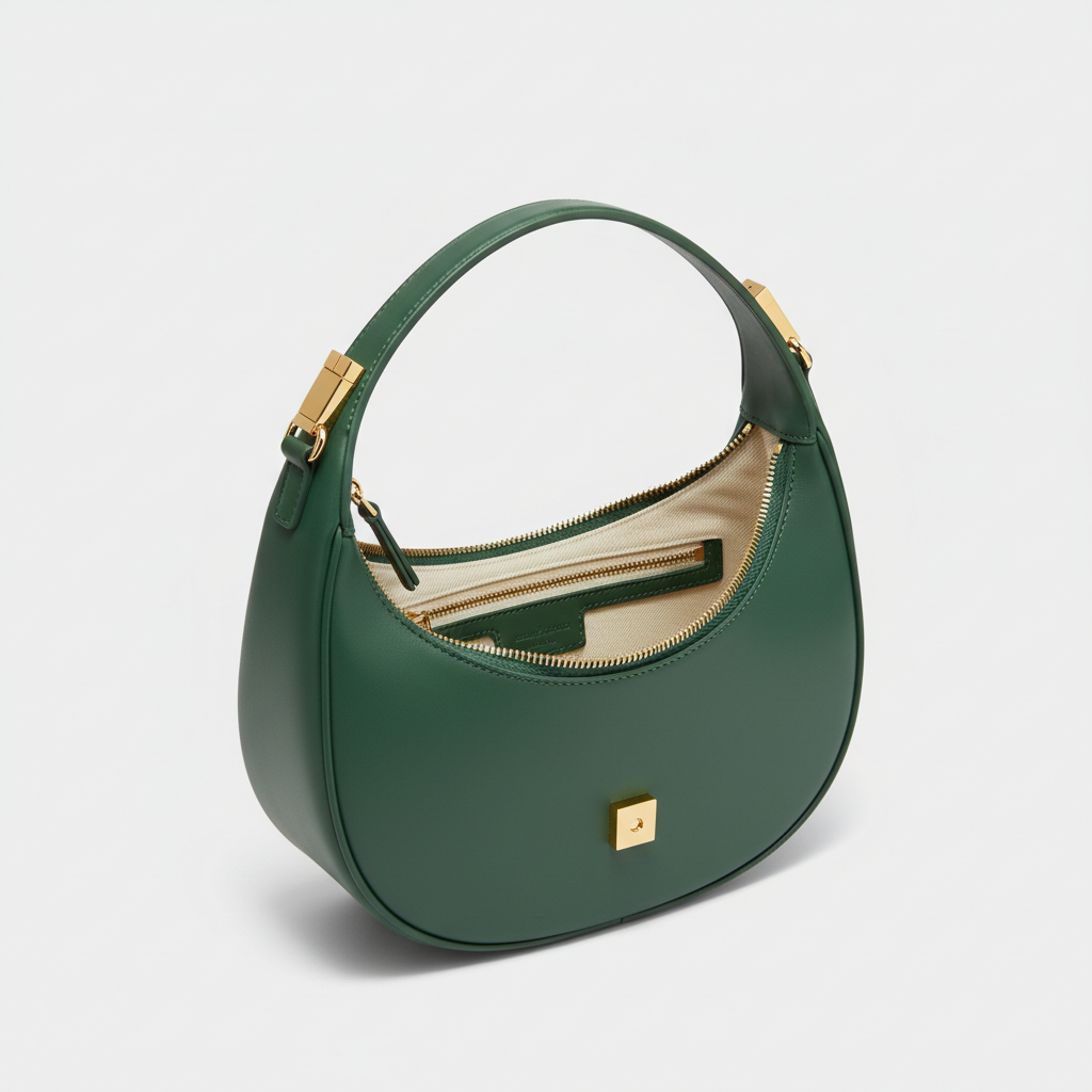 Le Gina Crescent Shoulder Bag — Petrol Green Open Interior View