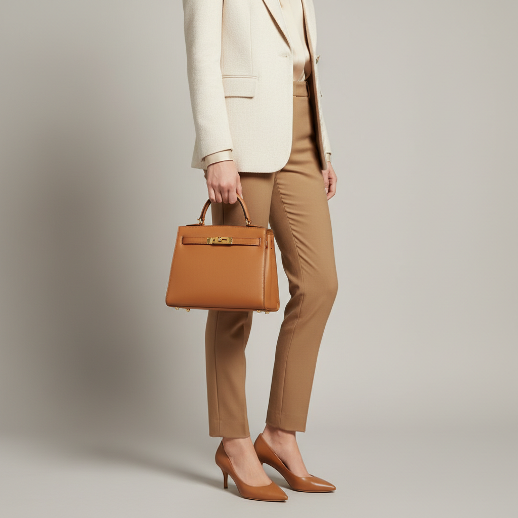 Celeste Top Handle Mini Bag in Camel - Female Model Carrying Bag