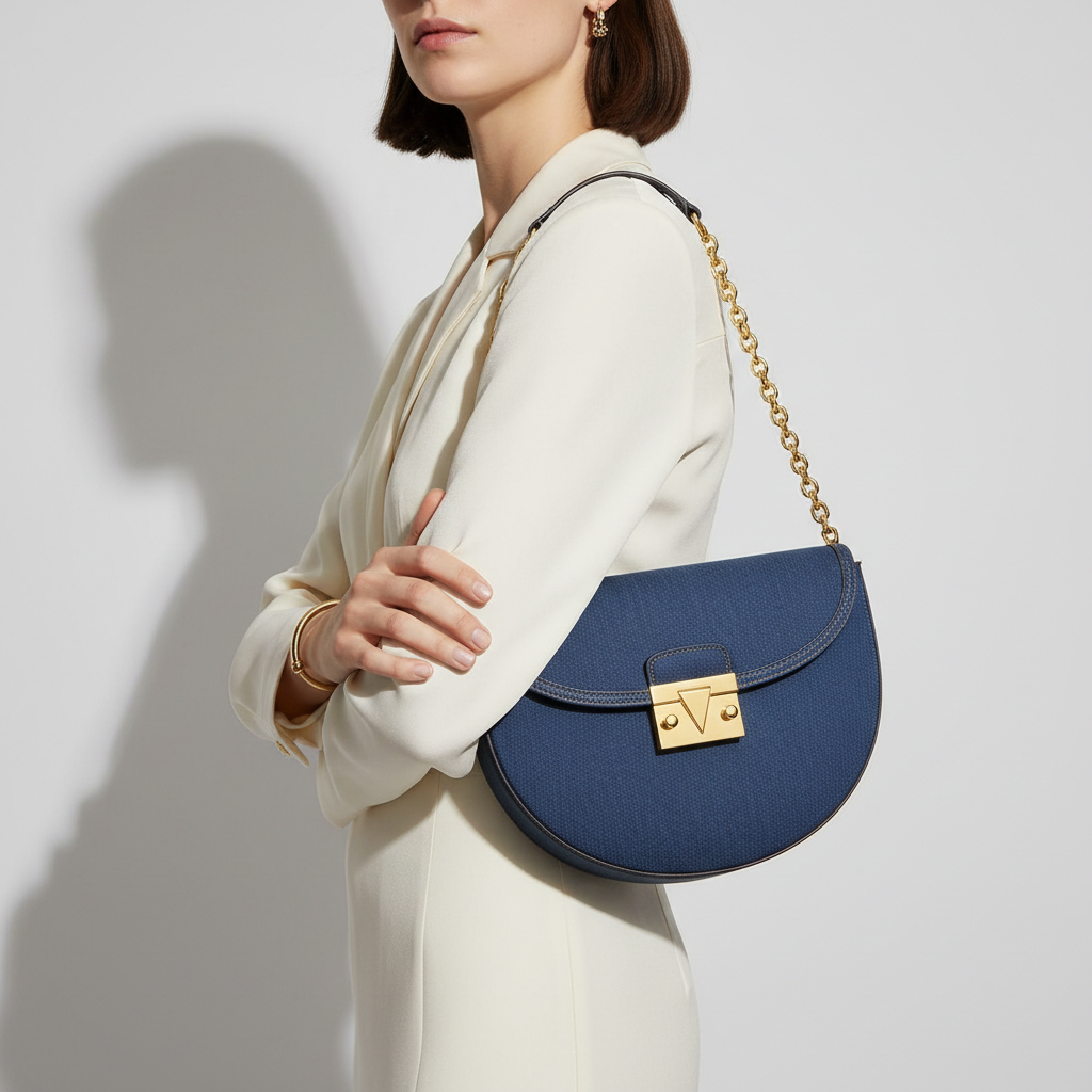 Le Gina Half Moon Bag — Blue Denim Female Model