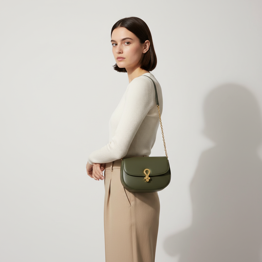 Aurora Mini Shoulder Bag in Deep Olive – Female Model