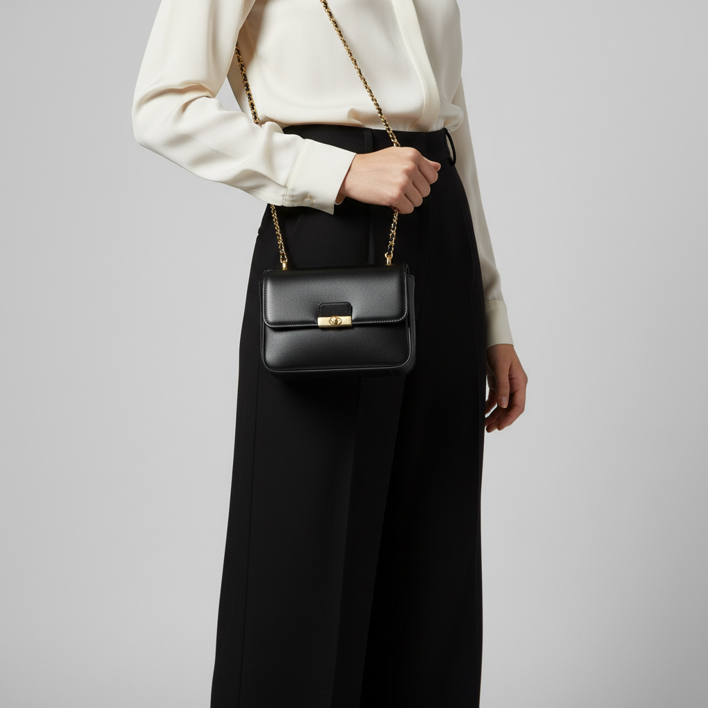 Luna Flap Mini Bag in Black - Female Model Carrying Bag