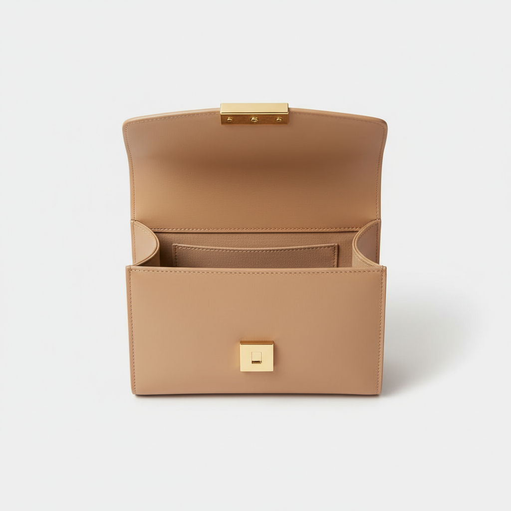 Celeste Compact Shoulder Bag in Warm Beige – Open Interior View