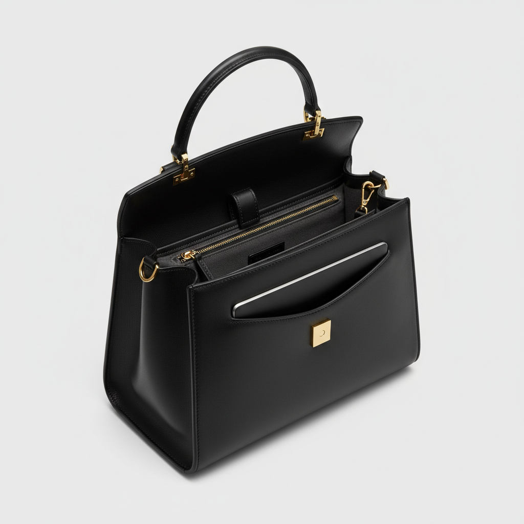 Noir Top Handle Satchel in Black leather, open interior view