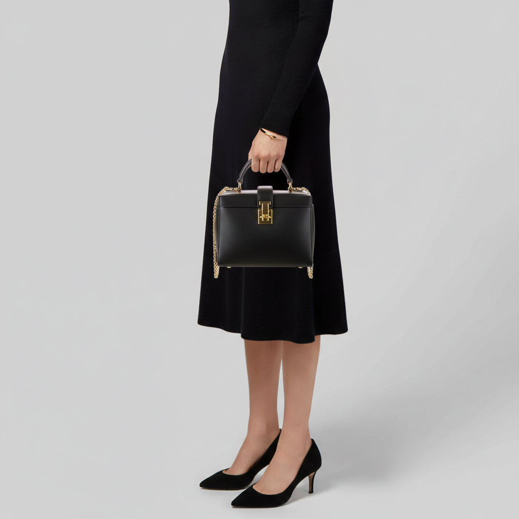 Stella Box Mini Bag in Black - Female Model Carrying Bag