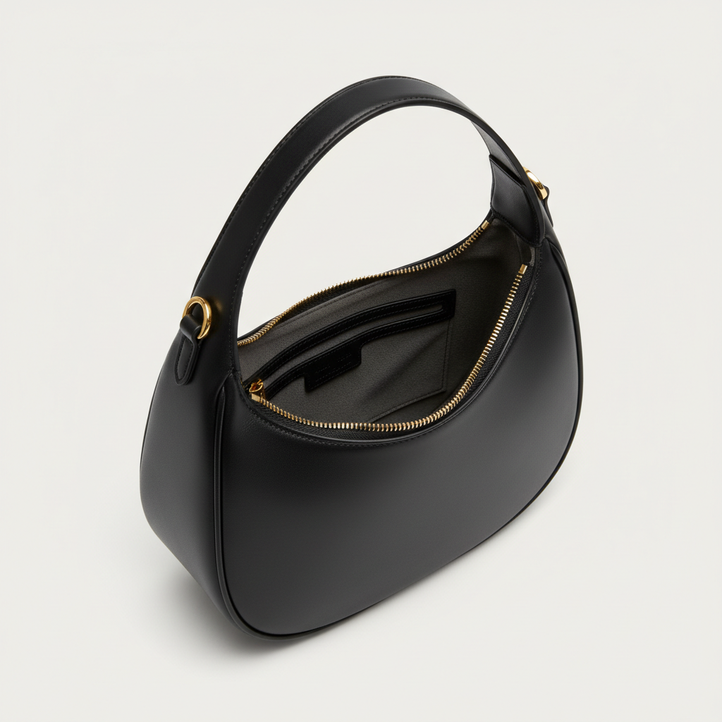 Luna Crescent Shoulder Bag Black – Open Interior View