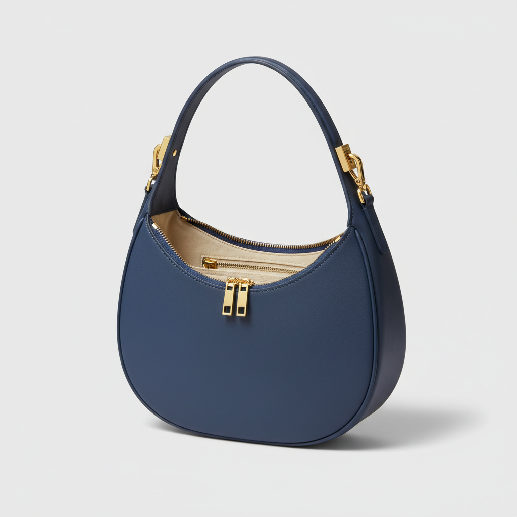 Le Gina Crescent Shoulder Bag — Blue Denim Open Interior View
