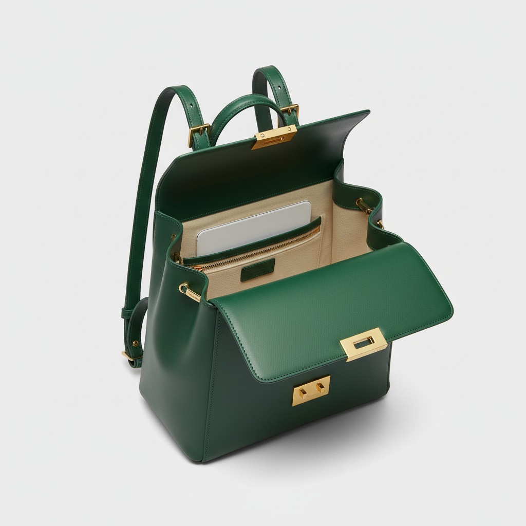 Noir Signature Backpack in Forest Green leather, open interior view