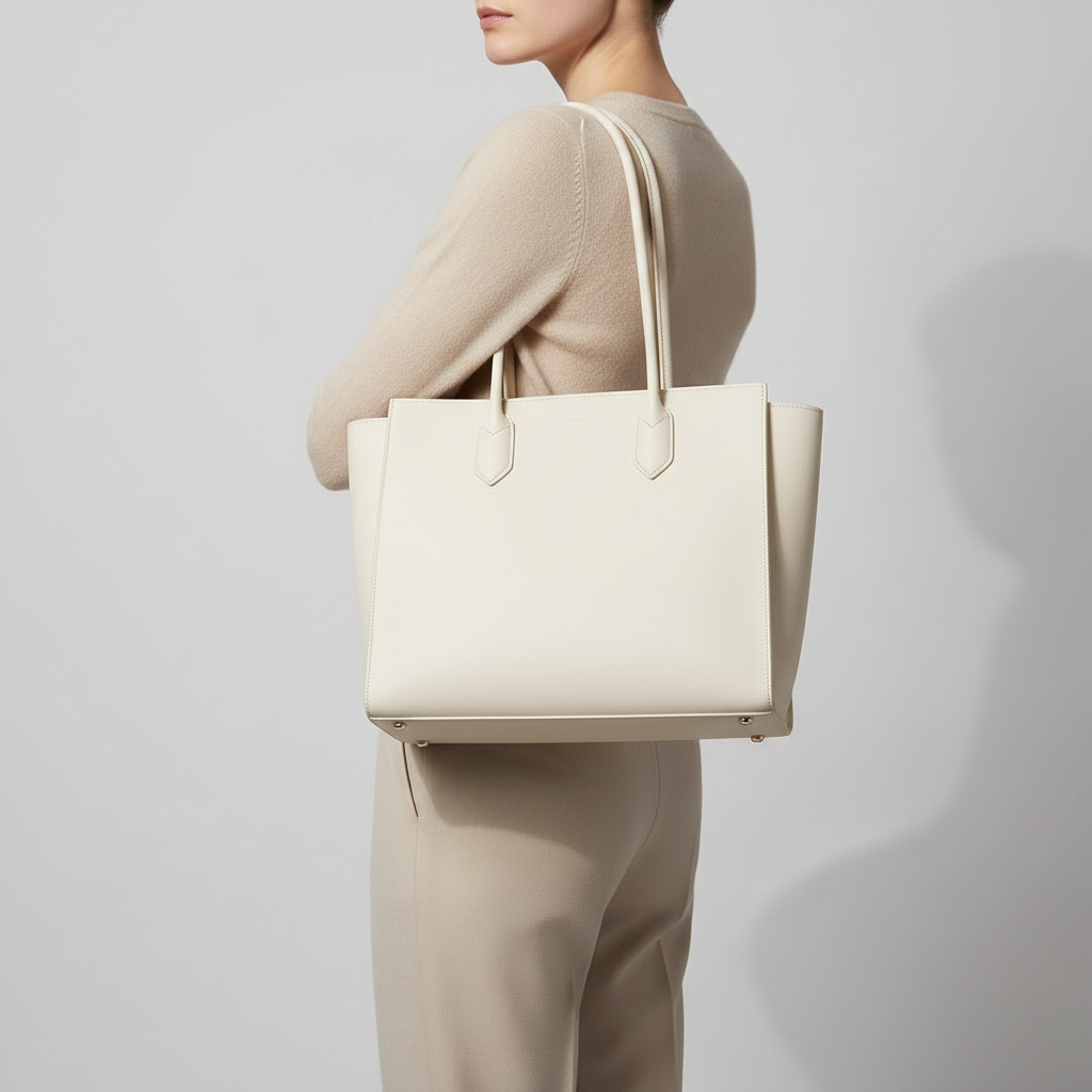 Noir Executive Tote in Ivory leather, professional model carrying bag