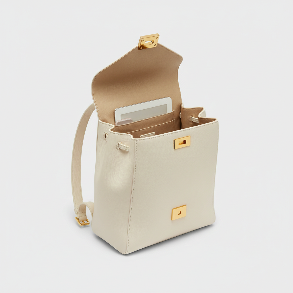 Noir Signature Backpack in Ivory leather, open interior view