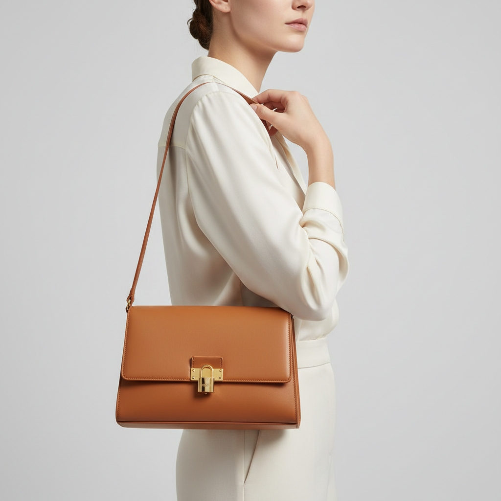 Elara Flap Shoulder Bag in Caramel - Female Model Carrying Bag
