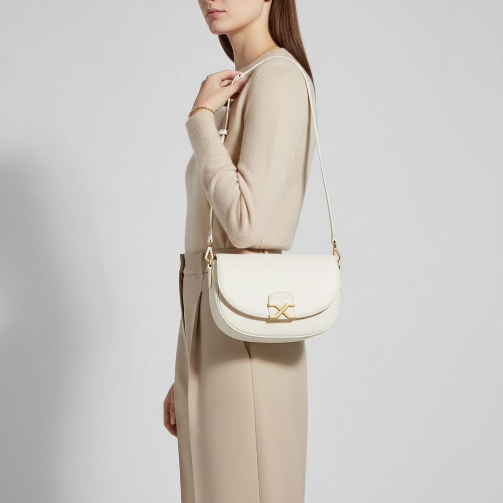 Stella Saddle Shoulder Bag in Ivory White – Female Model