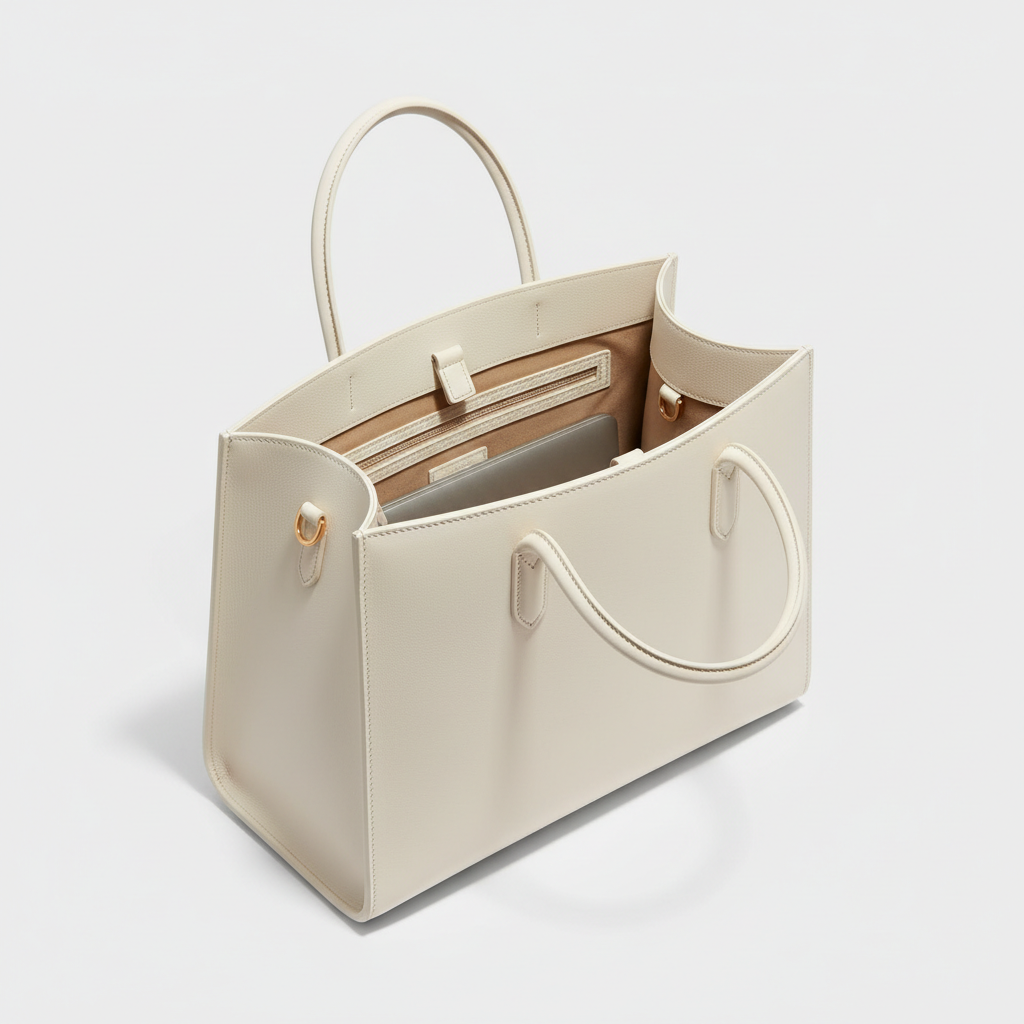 Noir Executive Tote in Ivory leather, open interior view