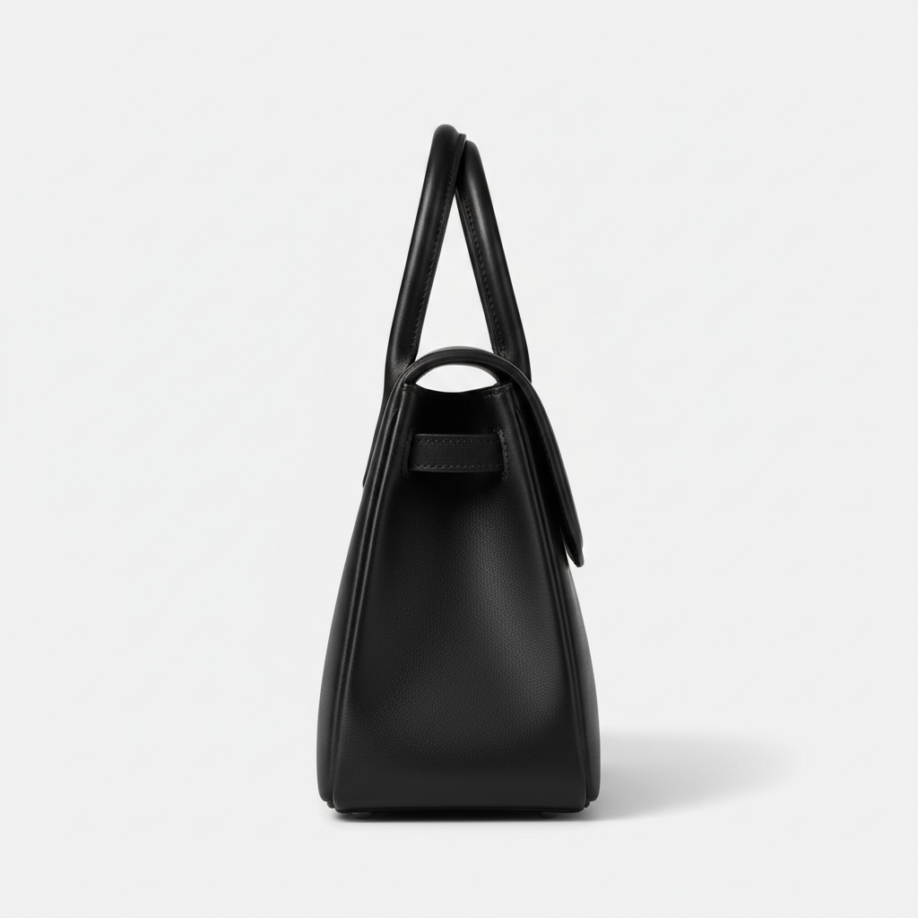Noir Top Handle Satchel in Black leather, side profile view