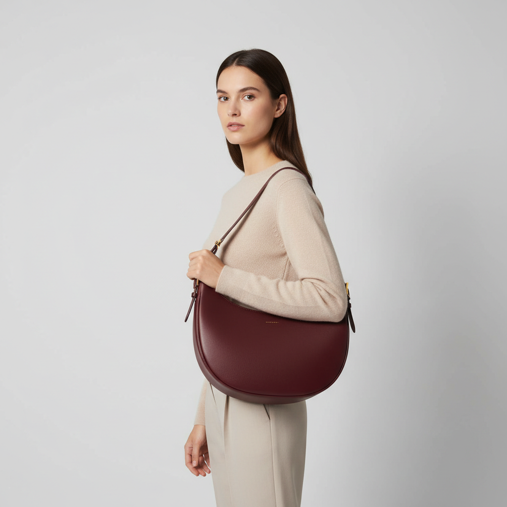 Noir Crescent Shoulder Bag in Burgundy leather, female model carrying bag