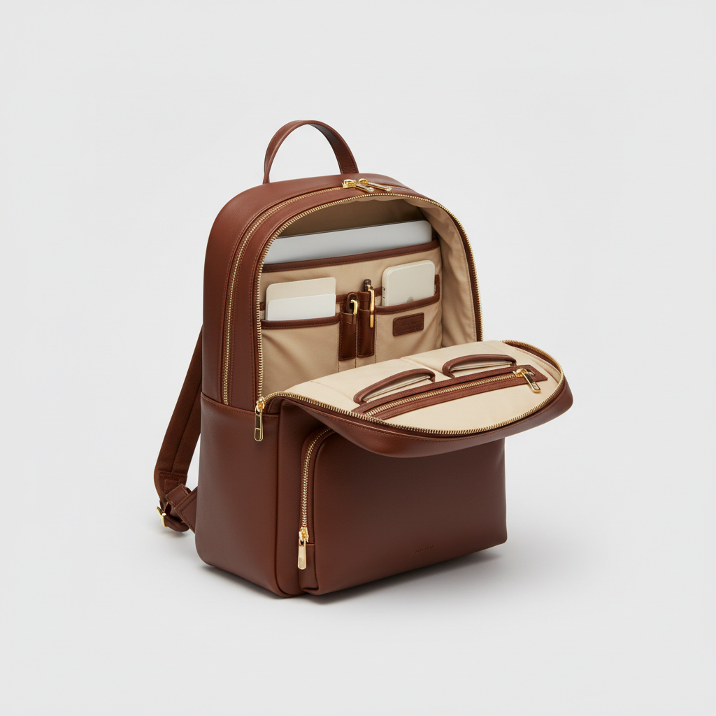 Sophia Work Backpack - Chocolate Brown - Open Interior View