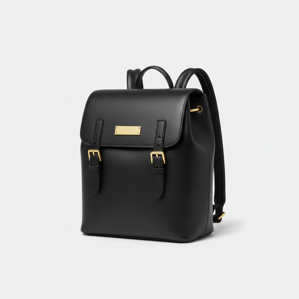 Noir Signature Backpack in Black leather, front angle view