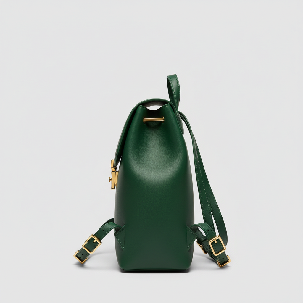 Noir Signature Backpack in Forest Green leather, side profile view