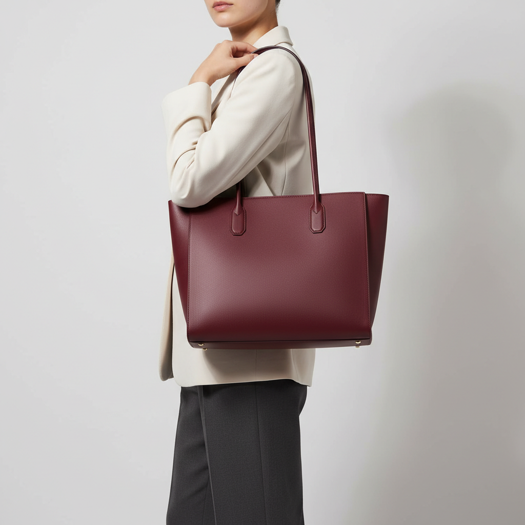 Noir Executive Tote in Burgundy leather, professional model carrying bag