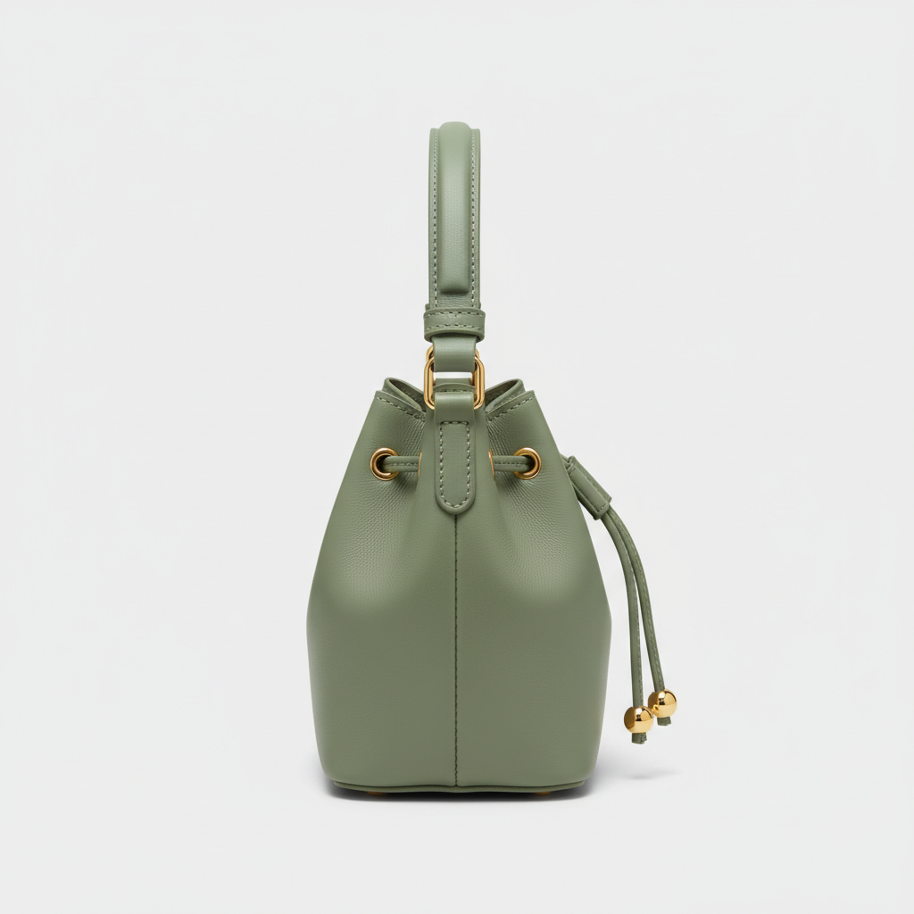 Petite Drawstring Mini Bag in Sage Green - Side Profile View