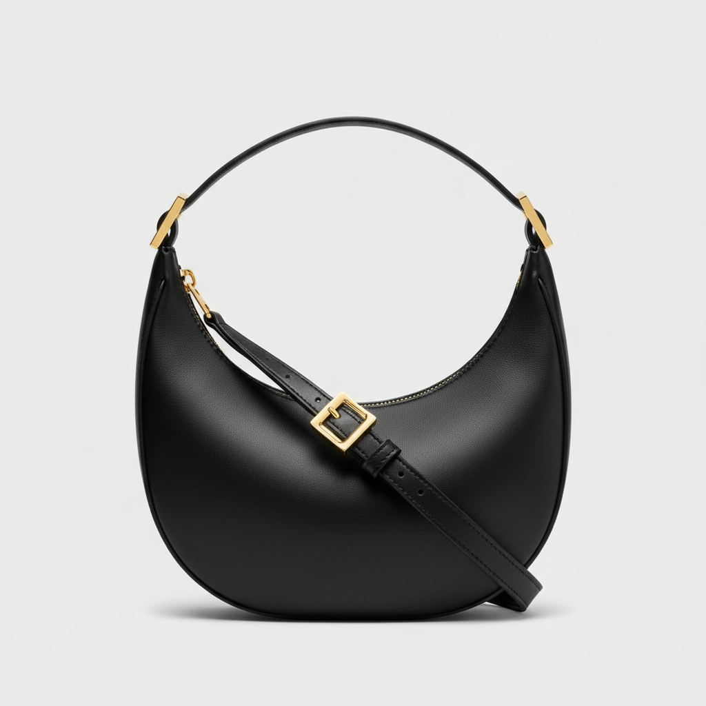 Noir Crescent Shoulder Bag in Black leather, hero front view