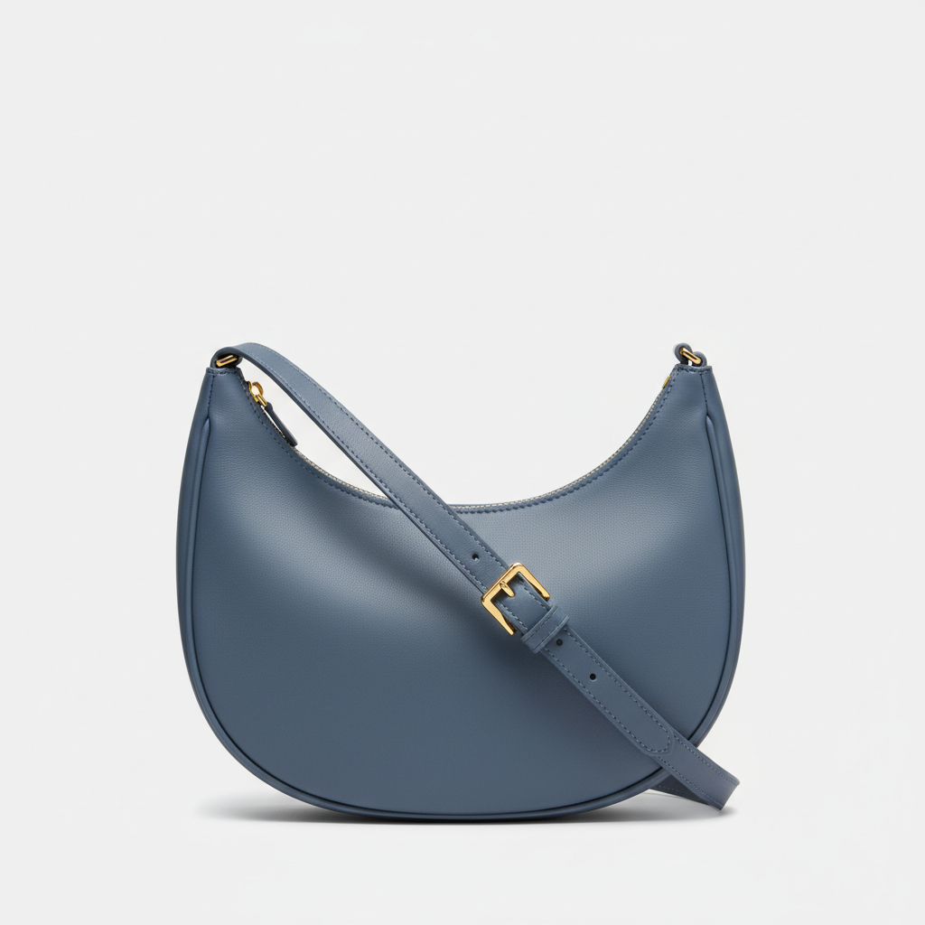 Le Gina Crescent Shoulder Bag — Blue Denim Front Angle View