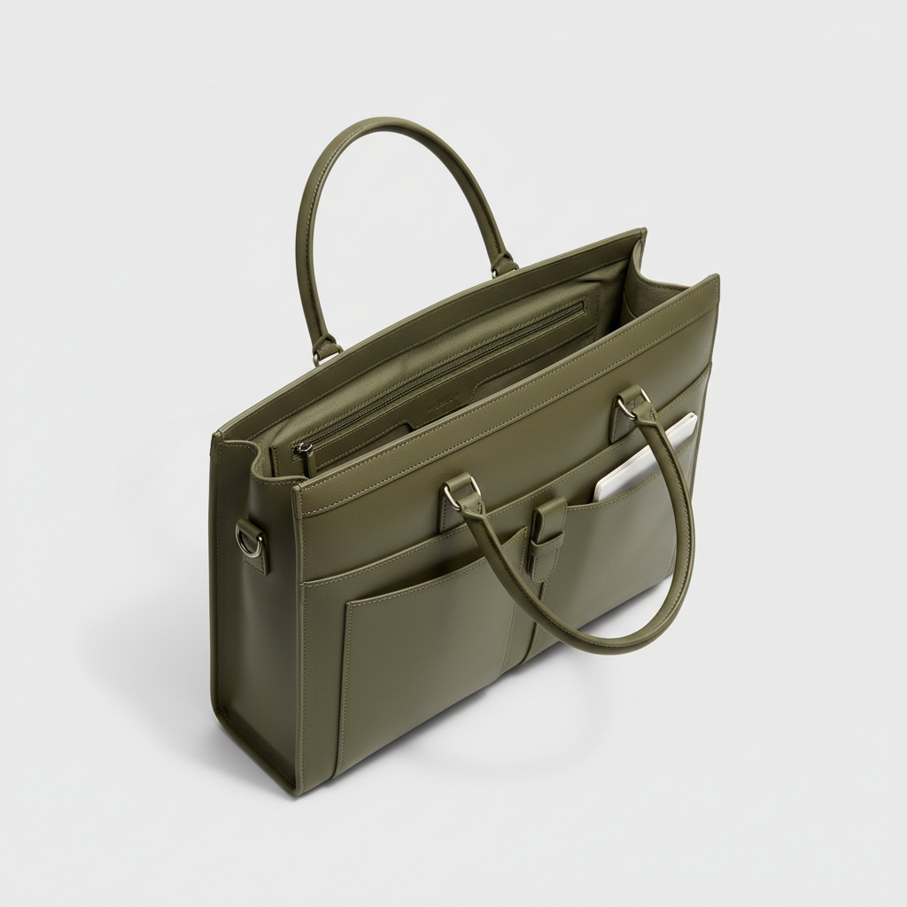 Atlas Executive Briefcase in Olive Green — Open Interior View