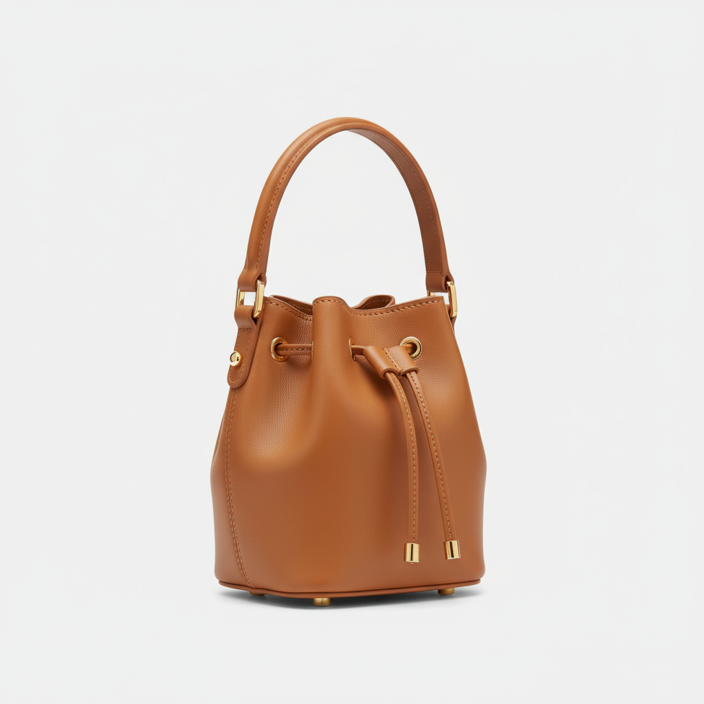 Petite Drawstring Mini Bag in Camel - Front Angle View