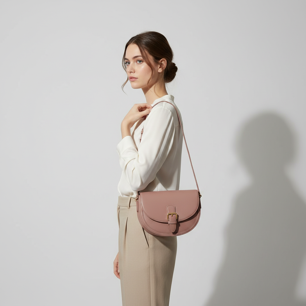 Stella Saddle Shoulder Bag in Dusty Rose – Female Model