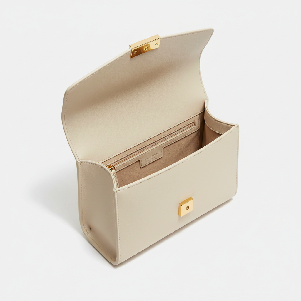 Elara Flap Shoulder Bag in Cream - Open Interior View