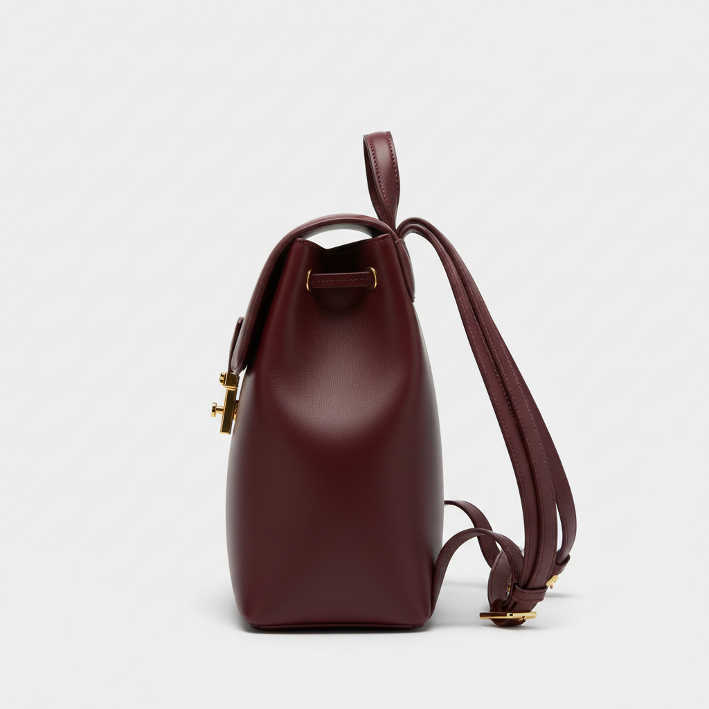 Noir Signature Backpack in Burgundy leather, side profile view