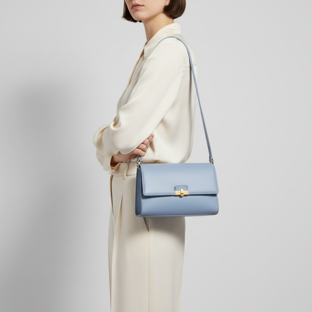 Celeste Compact Shoulder Bag in Powder Blue – Female Model