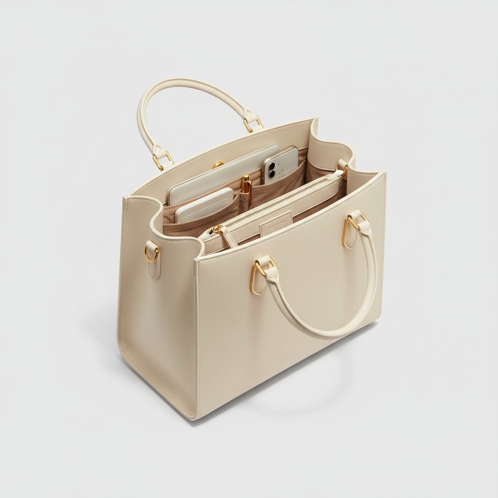 Amelia Office Tote - Ivory - Open Interior View