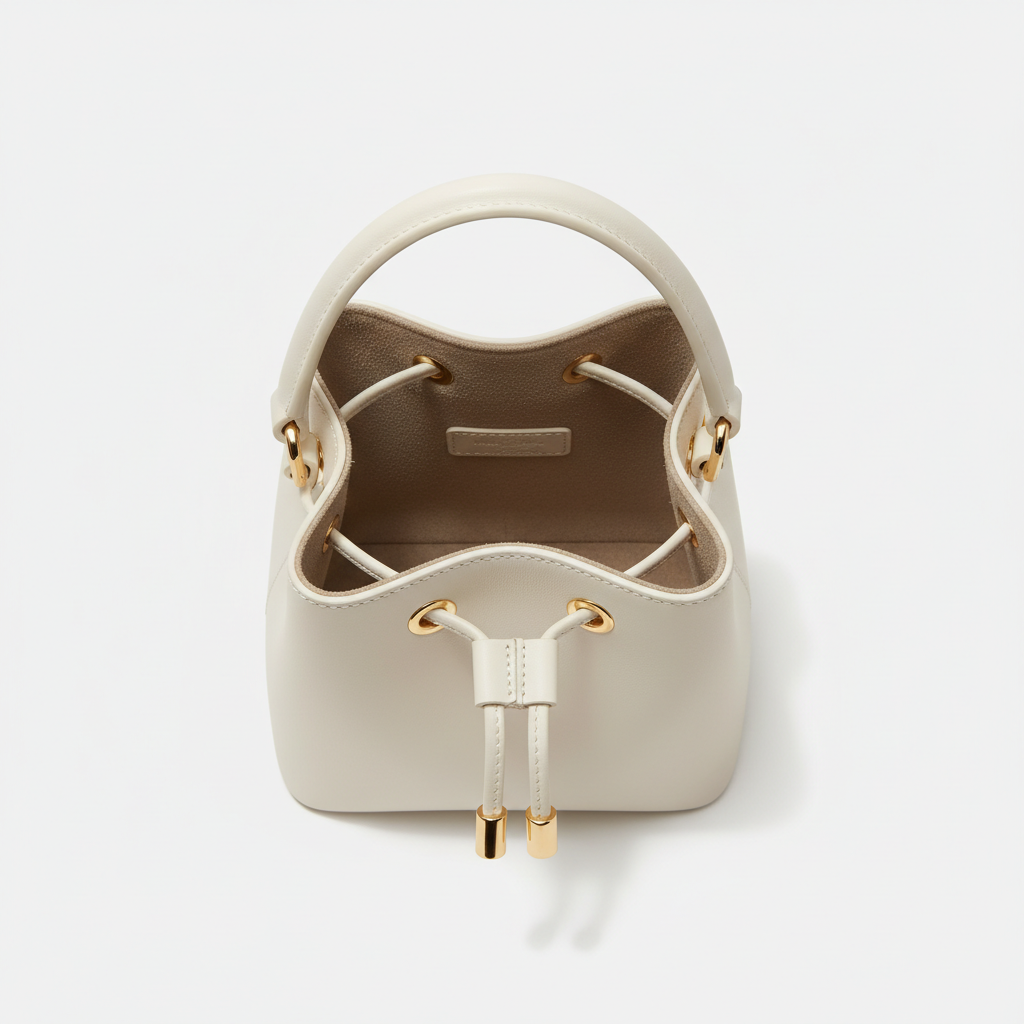 Petite Drawstring Mini Bag in Ivory - Open Interior View