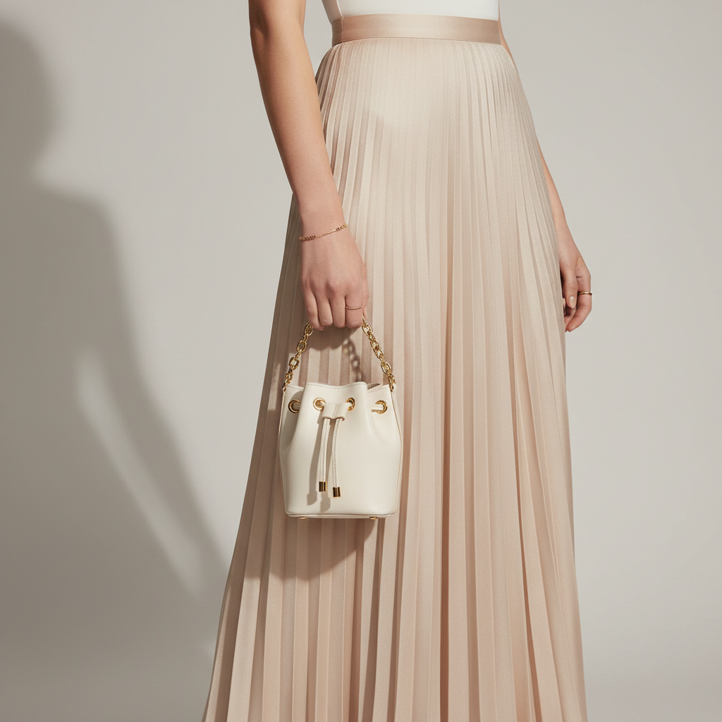 Petite Drawstring Mini Bag in Ivory - Female Model Carrying Bag
