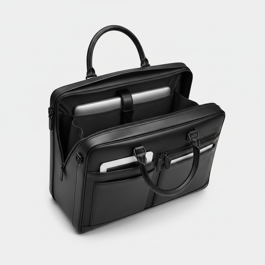 Atlas Executive Briefcase in Black — Open Interior View