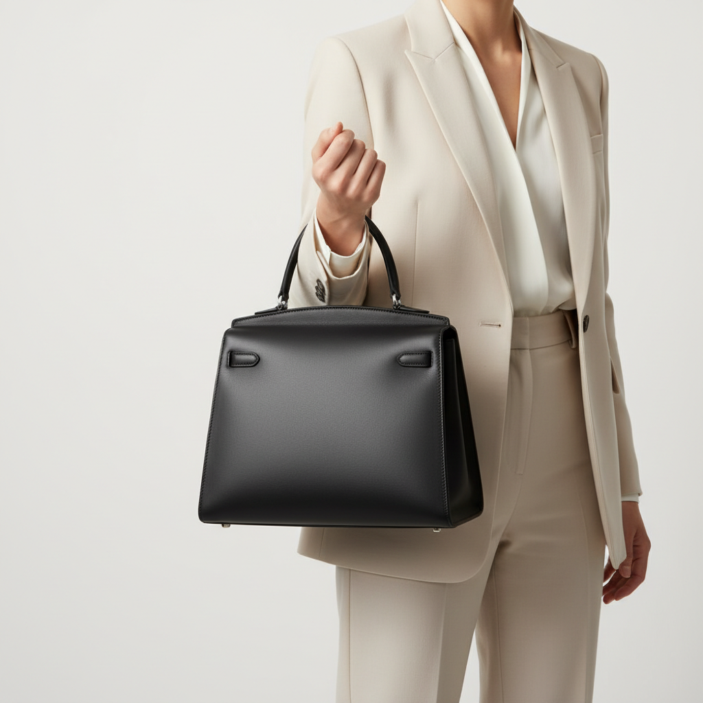 Noir Top Handle Satchel in Black leather, female model carrying bag