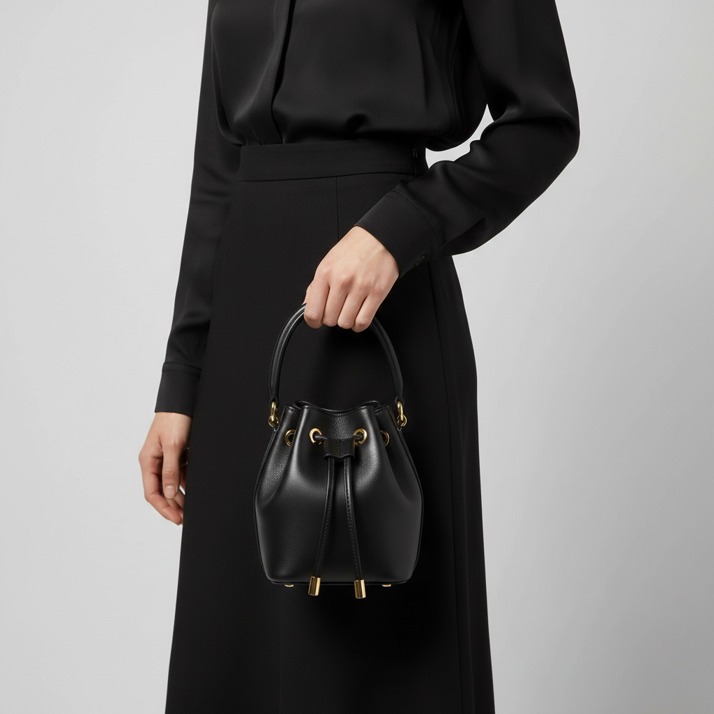 Petite Drawstring Mini Bag in Black - Female Model Carrying Bag