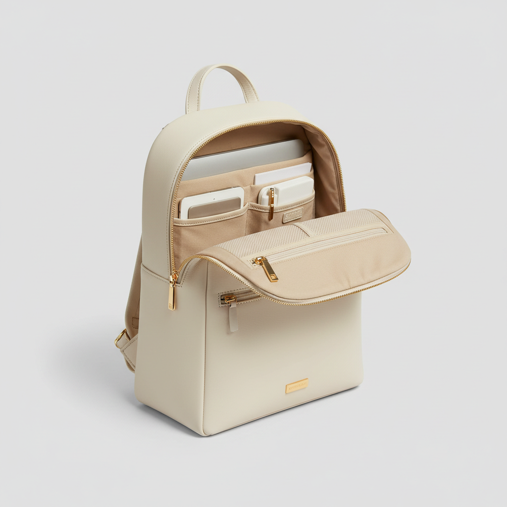 Sophia Work Backpack - Ivory - Open Interior View