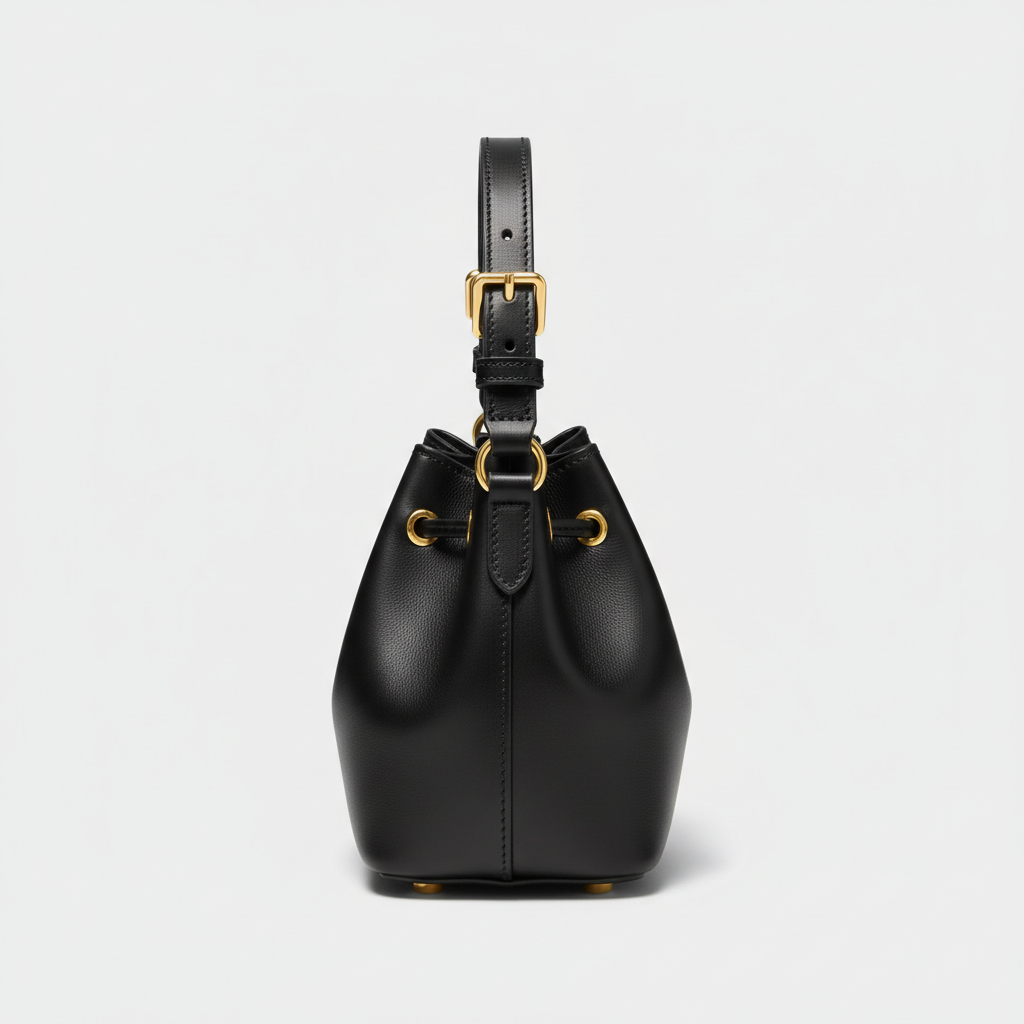 Petite Drawstring Mini Bag in Black - Side Profile View